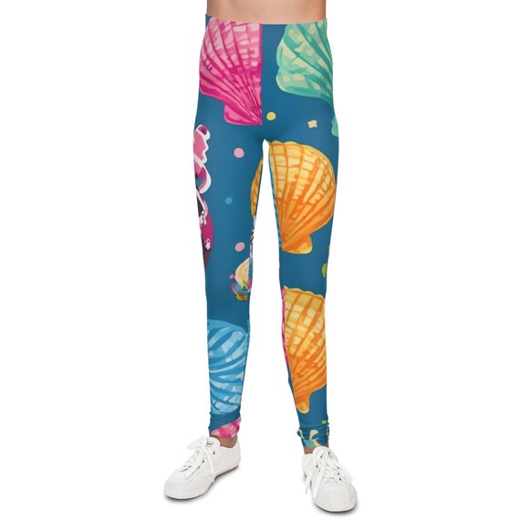 Colorful Leggings with Seashell Print | Girl's Summer Playwear | Youth Yoga Pants