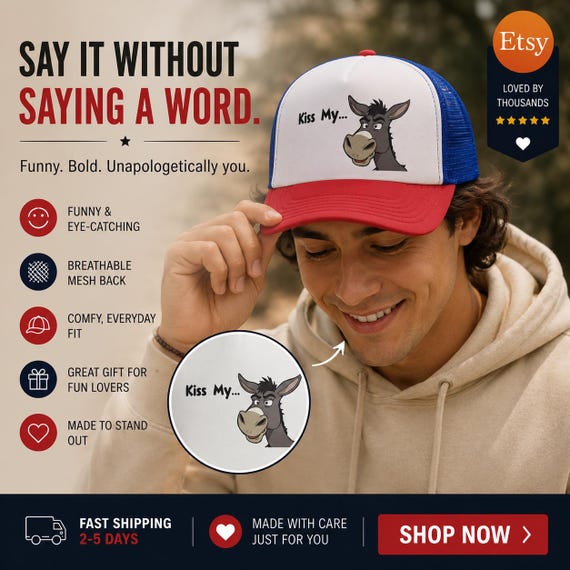 Kiss My Donkey Cap | Funny Animal Hat, Rural Country Style, Nylon Mesh Back