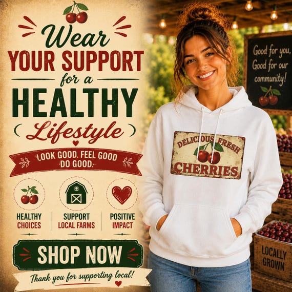 Retro Cherry Hoodie, Vintage Fruit Graphic, Farmhouse Style, Unisex Summer Streetwear, Casual Orchard