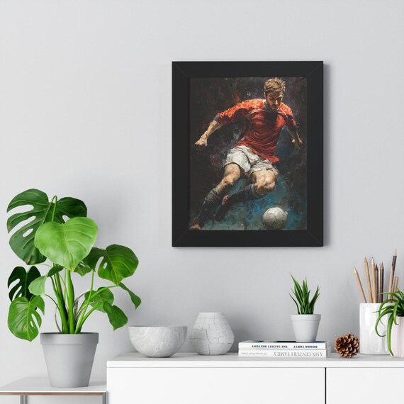 Soccer Wall Art| Dynamic Player Framed Matte Canvas | Home Office Decor