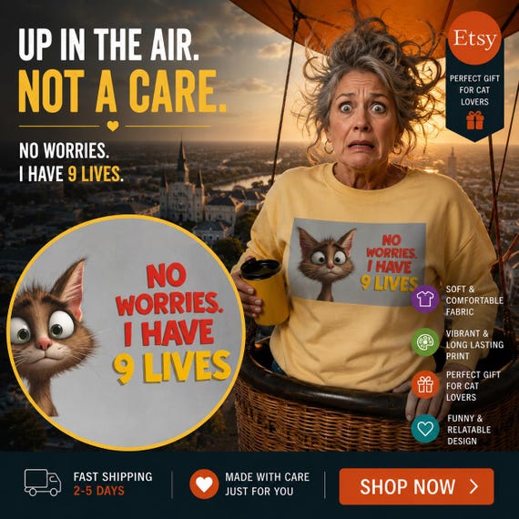 Cartoon Cat Sweatshirt | No Worries I Have 9 Lives Graphic