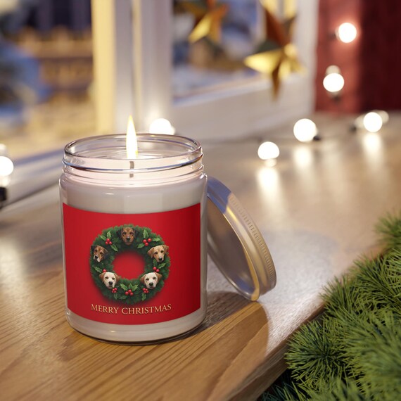 Dog Wreath Merry Christmas Candle | 9oz Soy Candle with White Lid