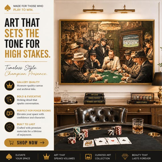 Vintage Poker Night Matte Canvas Framed 60x40 | Casino Players Wall Art