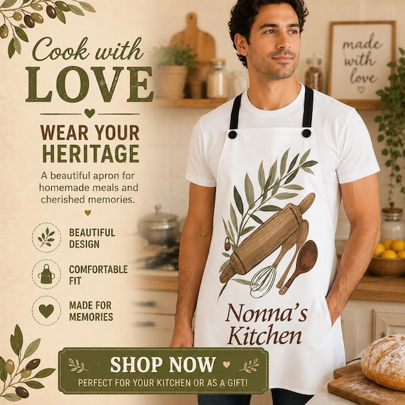 Nonna's Kitchen Apron | Retro items Rolling Pin & Wooden Spoons | Homemade Baking Polyester