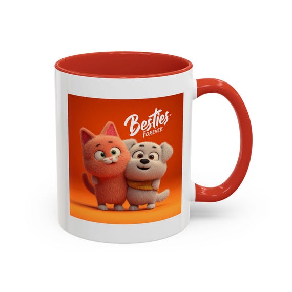 Besties Forever Mug | Cartoon Cat and Dog Friends, Cute Animal Coffee Cup| Friendship Gift