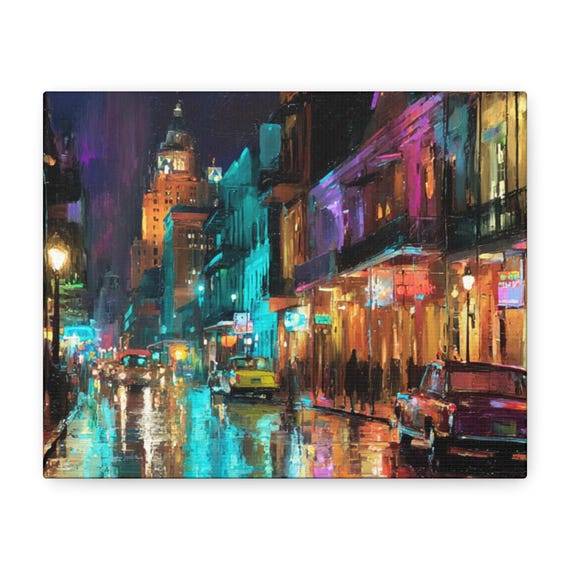 Neon City Rain Street Scene Matte Canvas Bourbon Street, New Orleans