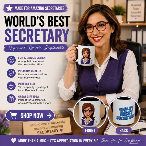 World's Best Secretary Mug | Accent Coffee Mug, 11/15oz| Office Party Gift for Secretary