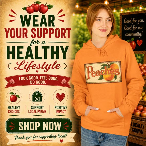 Peaches Hoodie | Retro Fruit Graphic Sweatshirt | Vintage Farmhouse, Orchard, Summer, Rustic Style, Unisex