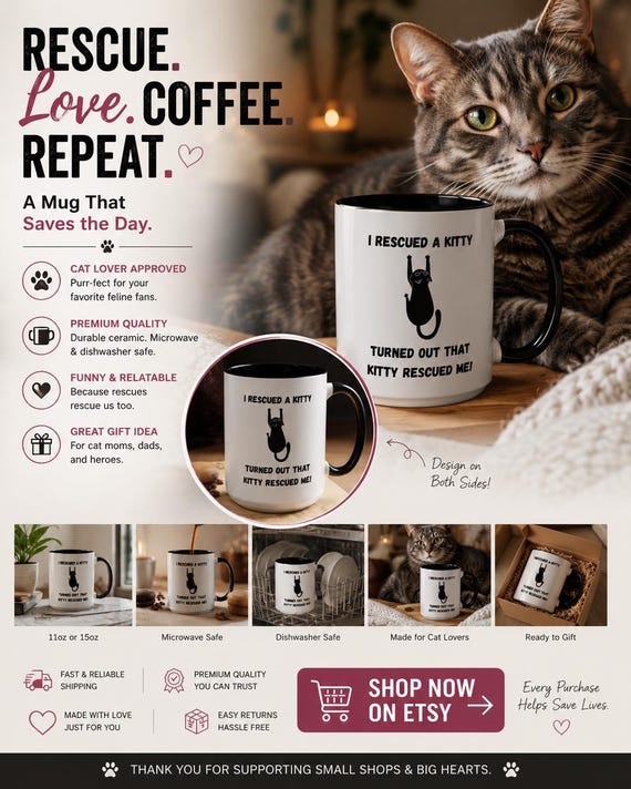 Cat Lover Coffee Mug, Funny Kitty Rescue Gift, Pet Adoption Fundraiser
