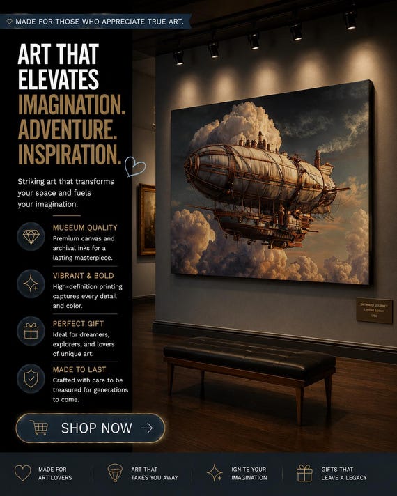 Vintage Steampunk Airship Wall Art | Canvas Sky Decor | Industrial Nostalgic Aviation Print
