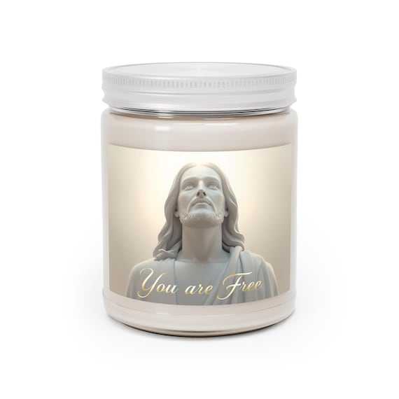 You Are Free Jesus Statue Candle | Soy Candle, 9oz White Lid