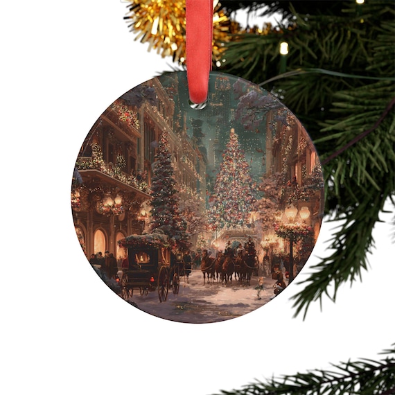 Festive Acrylic Christmas Ornament, Winter Town Scene