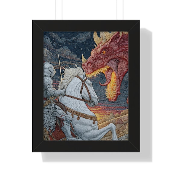 Framed Dragon and Knight Poster, Fantasy Wall Art| Children's Room Decor