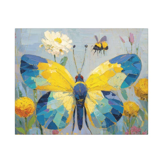 Butterfly Wall Art Canvas | Vibrant Abstract with Flowers and Bees for Nursery, Child Room