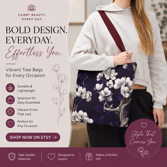 White Magnolia Floral Tote Bag | Purple Blossom Pattern | Vintage and Modern Garden