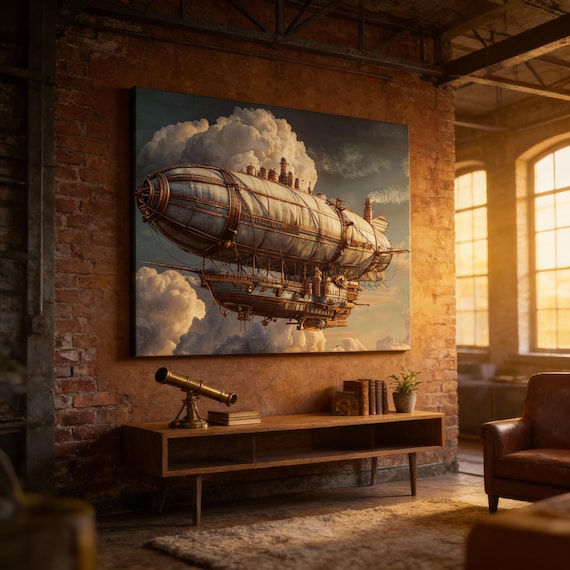 Vintage Steampunk Airship Wall Art | Canvas Sky Decor | Industrial Nostalgic Aviation Print