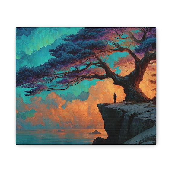 Colorful Tree Art, Canvas Print, Twilight Cliffside Oil Painting, Fantasy Landscape  Serene Nature Scene