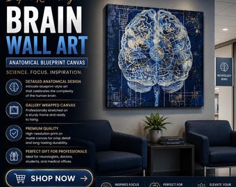Brain Wall Art,Anatomical Blueprint Stretched Matte Canvas