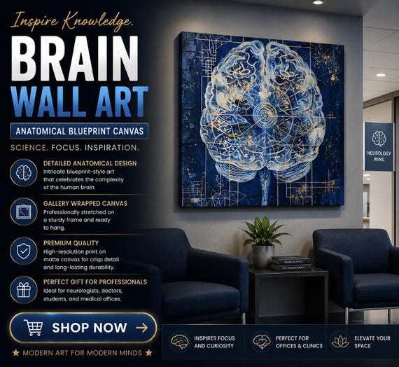 Brain Wall Art,Anatomical Blueprint Stretched Matte Canvas