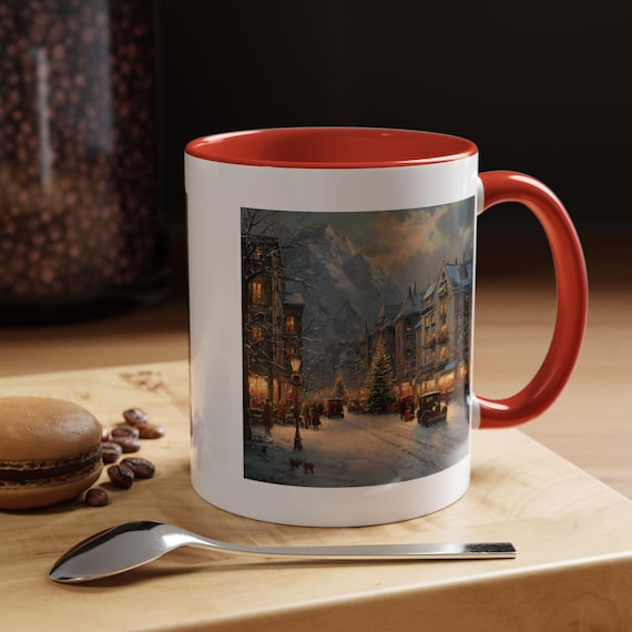 Snowy Village Coffee Mug, Winter Scene Art Mug