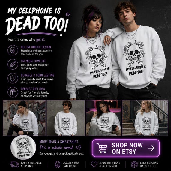 Retro Gothic Tee Skull Sweatshirt Funny Casual Unisex Crewneck, Cellphone Joke, Edgy Streetwear, Cotton