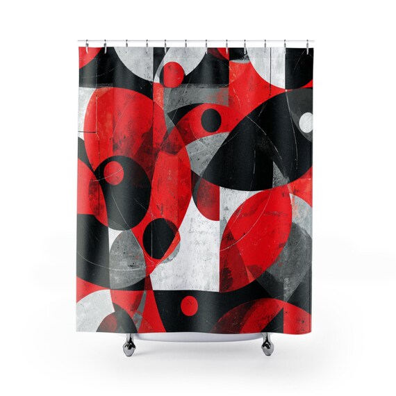Geometric Shower Curtain, Bold Red and Black Design, Modern Bathroom Decor