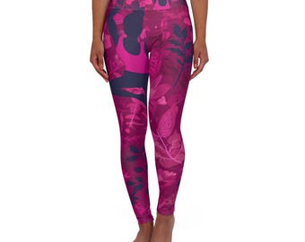 Pink Floral Yoga Leggings High Waisted Activewear | Botanical Silhouette Workout Pants for Women