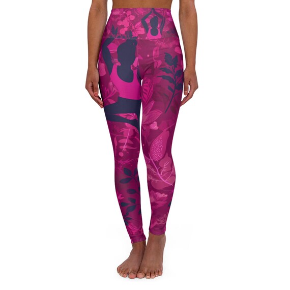 Pink Floral Yoga Leggings High Waisted Activewear | Botanical Silhouette Workout Pants for Women