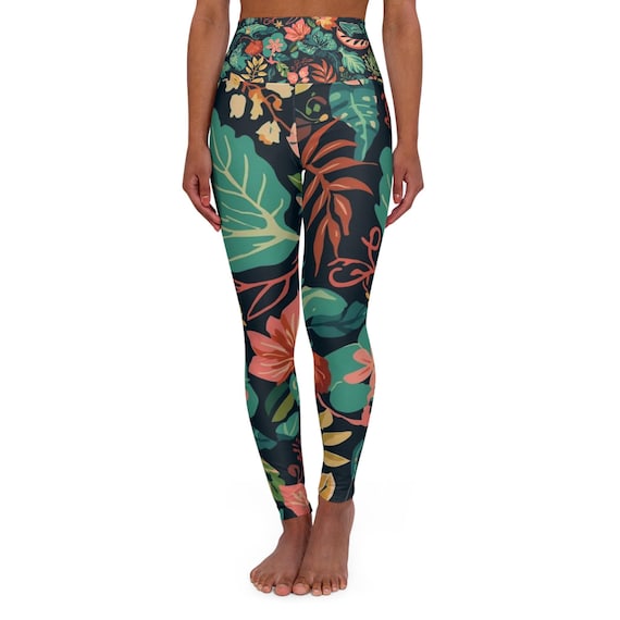 Tropical Floral High Waisted Yoga Leggings, Athleisure Fitness Wear