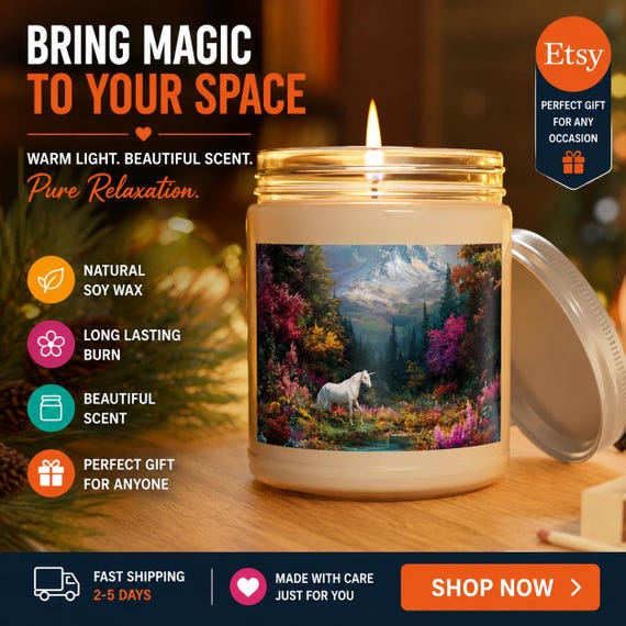 Modern Art Unicorn Forest Candle | 9oz Soy Candle with White Lid