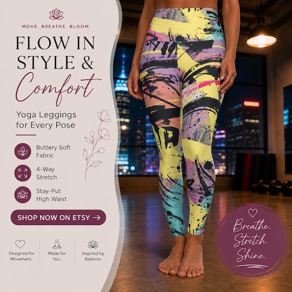 Abstract Leggings | High Waisted Yoga Fitness Workout Pants with 4-Way Stretch