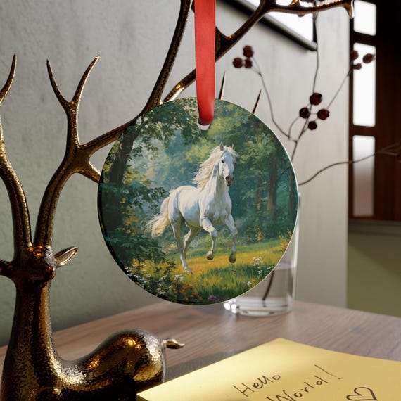 Horse Christmas Ornament, White Horse in Forest, Holiday Decor
