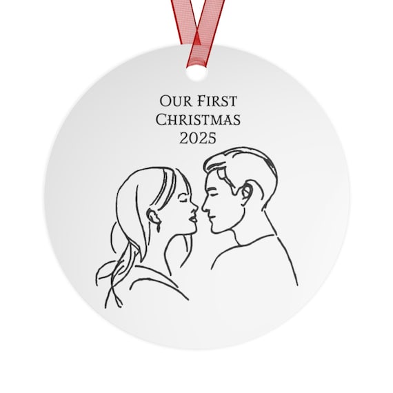 Our First Christmas 2025 Couple Illustration Metal Ornament | Bell Shape