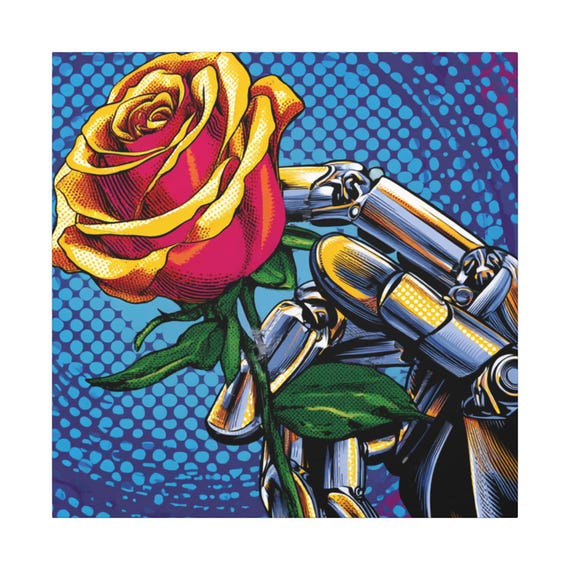 Pop Art on Canvas, Robotic Hand Holding Rose | Retro Decor | Tech Meets Nature, Vibrant