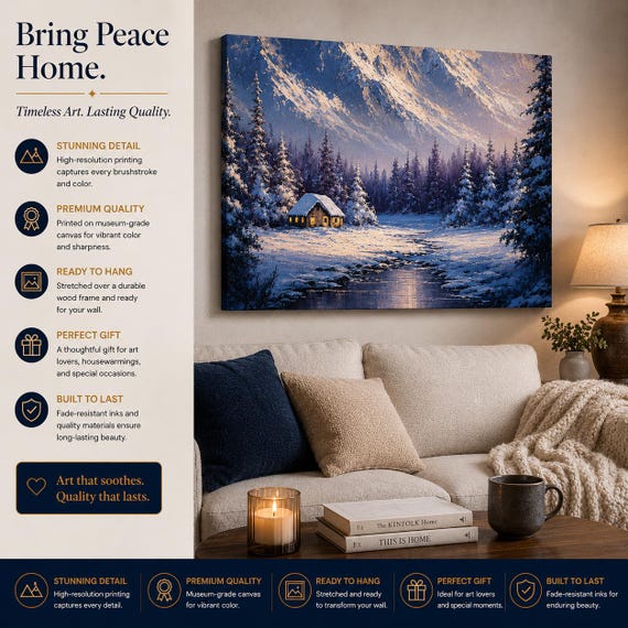 Snowy Mountain Cabin Winter Scene  Canvas | Matte Stretched Wall Art
