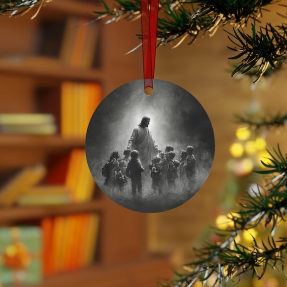 Jesus Risen with Children Metal Ornament | Religious Christmas Bell Decoration