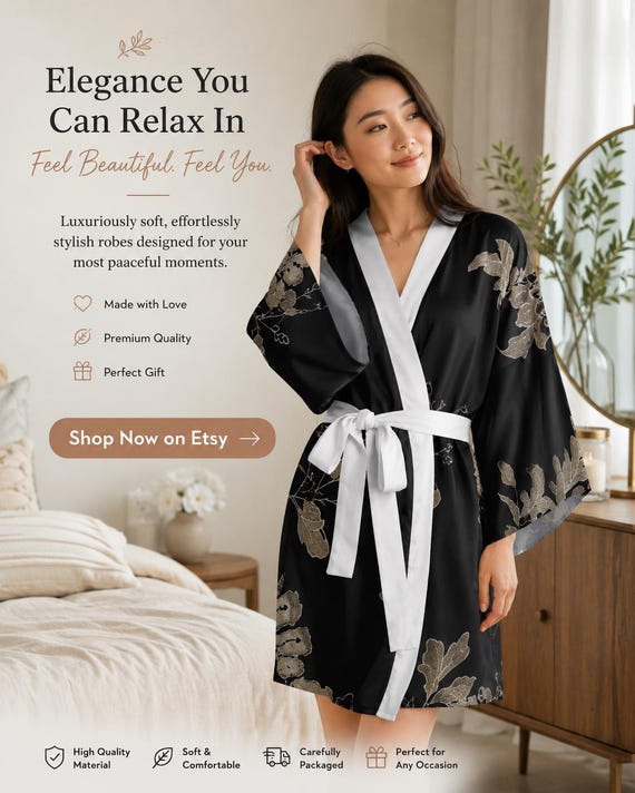 Kimono Robe, Bohemian Long Sleeve Loungewear, Polyester