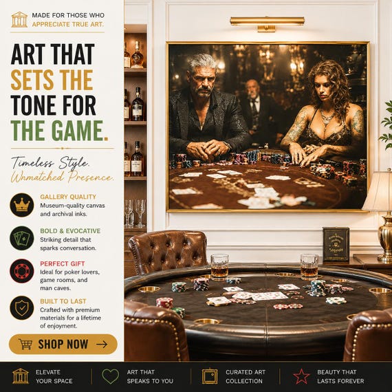 Vintage Casino Poker Scene Matte Canvas Wall Art, Framed Gritty Gambling Game Room Decor