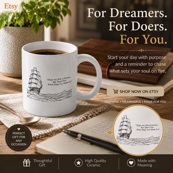 Sailing Ship Quote and Illustration Jumbo Mug | Nautical Ocean Waves 20oz| Sailors Gift