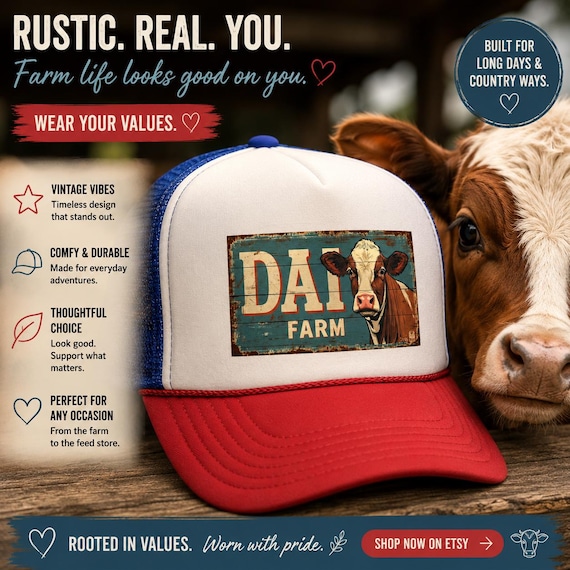 Vintage Farm Cap | Rustic Hat with Cow Illustration, Adjustable Mesh Back, Outdoor Casual