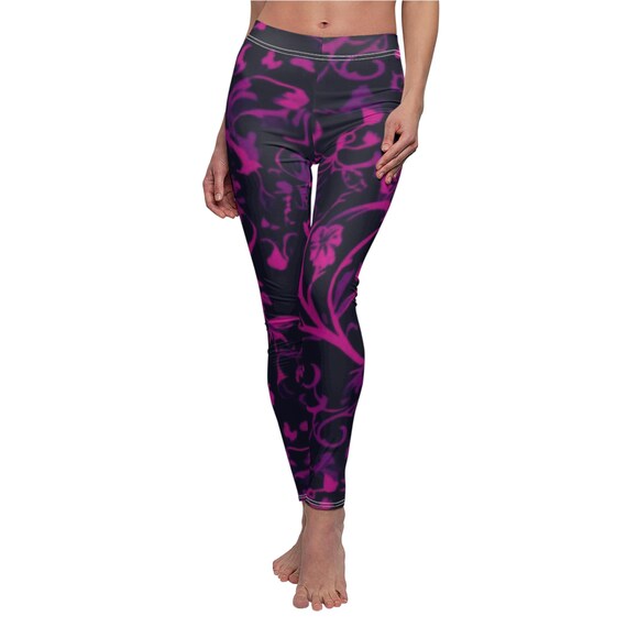 Magenta Floral Swirl Leggings | Abstract Pink Vine Pattern Leggings| Gift for Female Yoga Enthusiasts