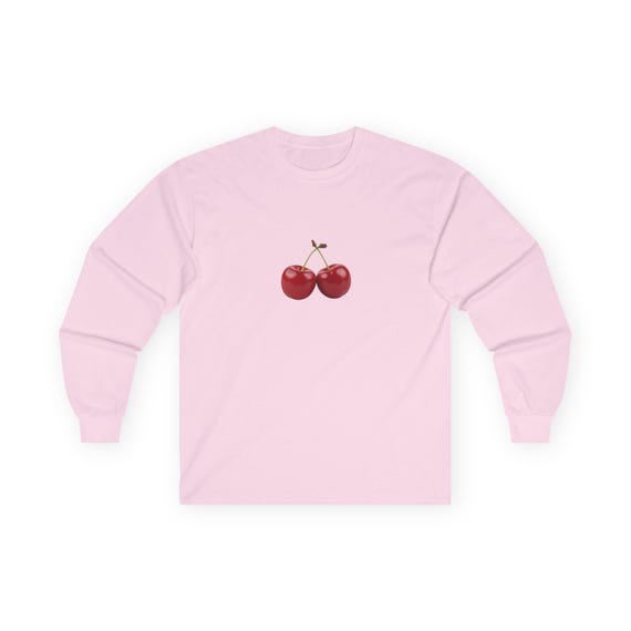 Retro Cherry Tee,  Illustration Long Sleeve, Minimal Fruit Graphic Cotton Shirt, Vintage Unisex