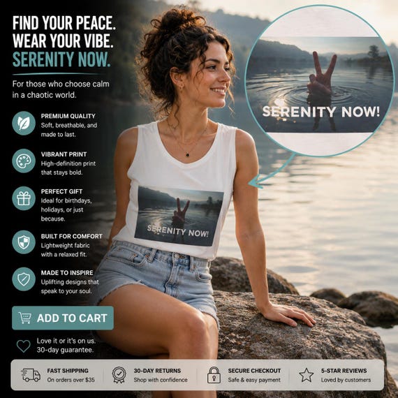 Serenity Now peace sign lake photo Tank Top | relaxation nature graphic| Mental Health Break
