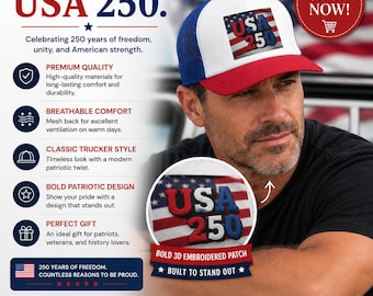 USA 250e Casquette De Camionneur Patriotique | Casquette du 4 juillet, polyester et résille