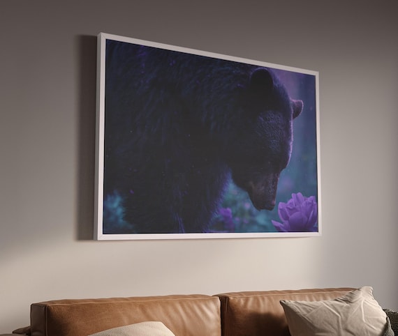 Bear and Flower Canvas Art, Wildlife Decor, Forest Wall Art, Nature Lover Gift, Yoga Room Decor, Home Aesthetic