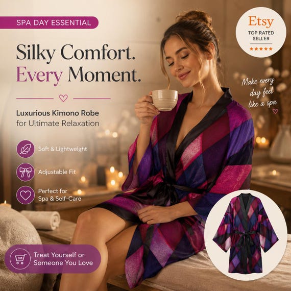 Diamond Harlequin Pattern Kimono Robe | Pink Purple Geometric Long Sleeve| Women's Gift
