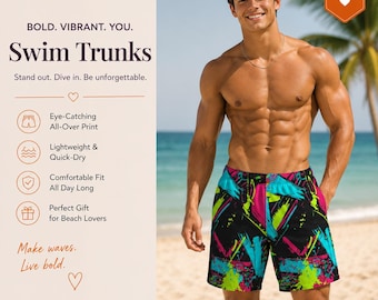 Retro Beach Shorts, Neon Paint Splatter Gear for Men | Graphic Swim Trunks, Summer Casual