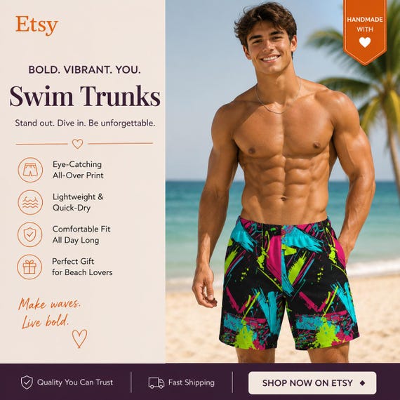 Retro Beach Shorts, Neon Paint Splatter Gear for Men | Graphic Swim Trunks, Summer Casual