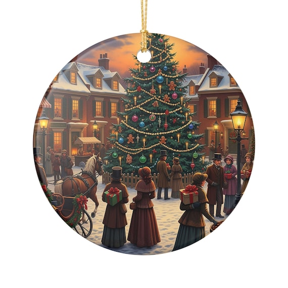 Victorian Christmas Tree Scene Ornament | Ceramic Holiday Decoration, Great Holiday Gift