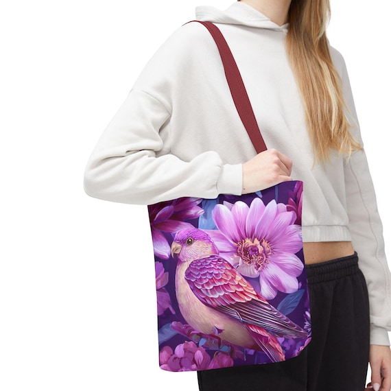 Pink Floral Bird Tote Bag with Purple Dahlia Print | Garden Art Casual Shoulder Strap